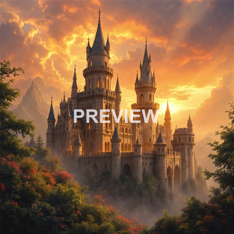 A grand medieval-style castle with multiple towers and spires is illuminated by a warm, golden sunset sky, surrounded by lush green foliage and mist at its base.