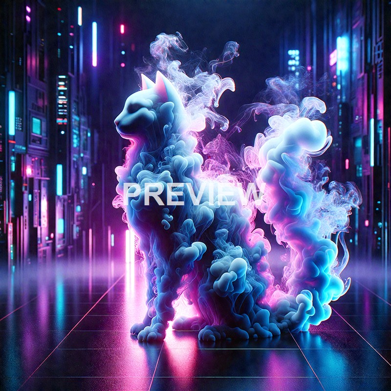 A digital art piece depicting a futuristic, neon-lit cityscape with a central figure resembling a smoky, glowing animal, possibly a dog or wolf, surrounded by vibrant, swirling clouds of blue, pink, and purple smoke.
