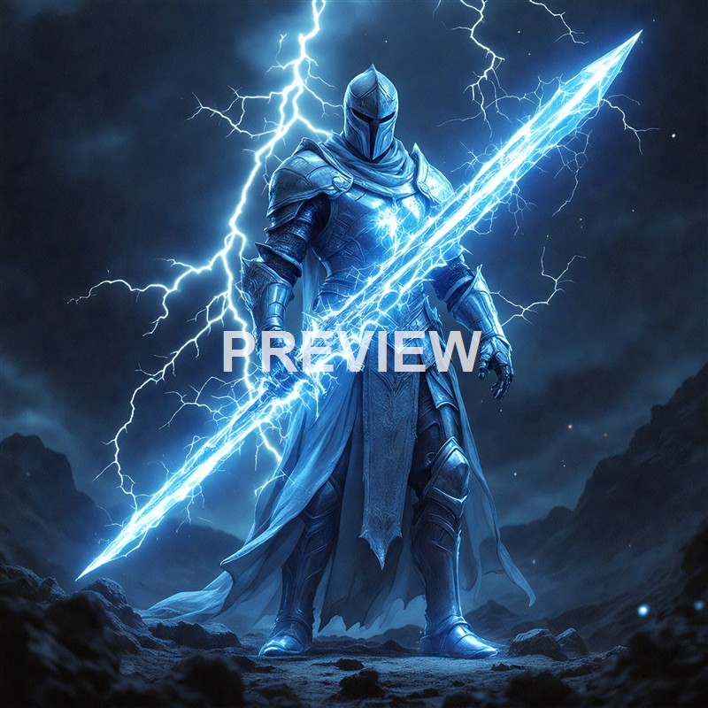 A heavily armored knight stands amidst a stormy sky, wielding a glowing, lightning-infused sword with lightning striking around him.