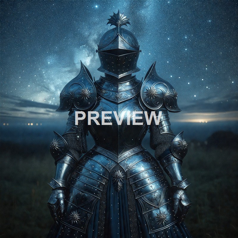 A knight in shining, intricately detailed armor stands against a starry night sky, with the Milky Way visible in the background.