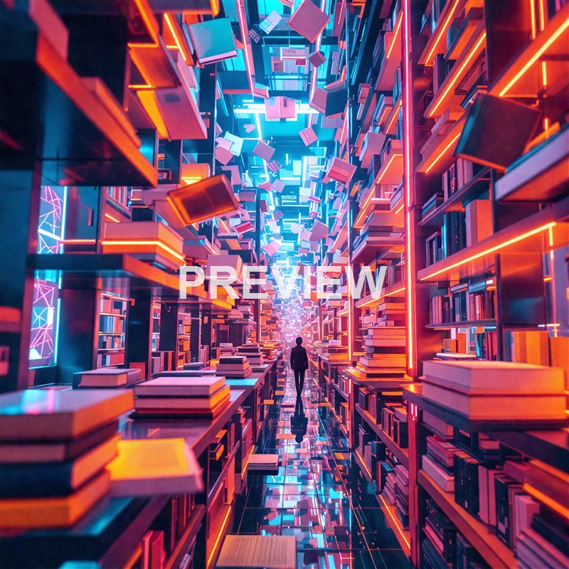 A person walking through a futuristic, neon-lit library with floating books and illuminated shelves creating a vibrant, immersive atmosphere.