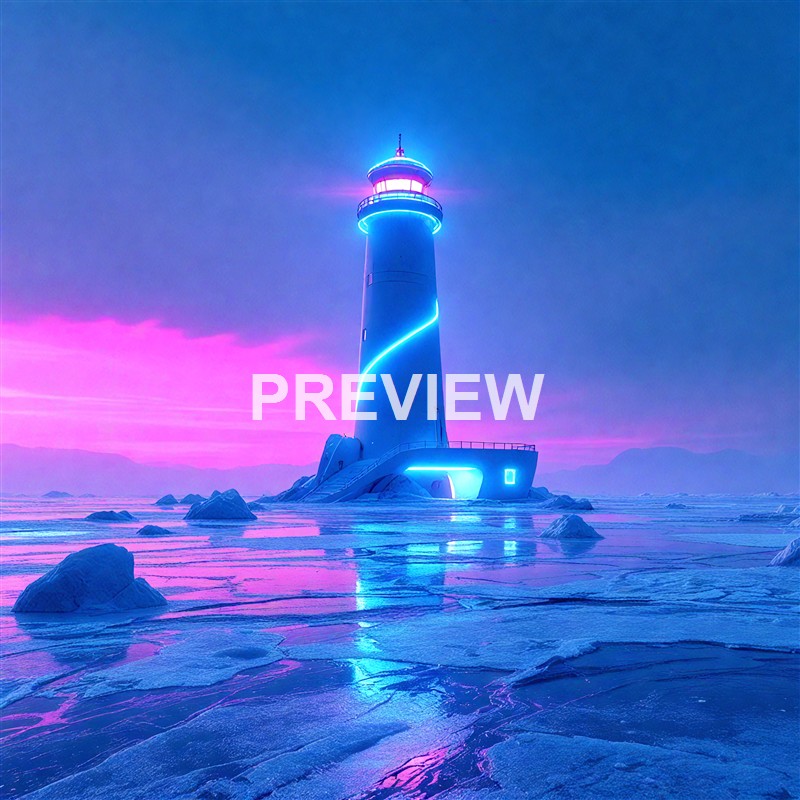 A tall lighthouse with bright neon lights wrapped around its structure, standing on a frozen landscape with ice and distant mountains under a colorful sky.