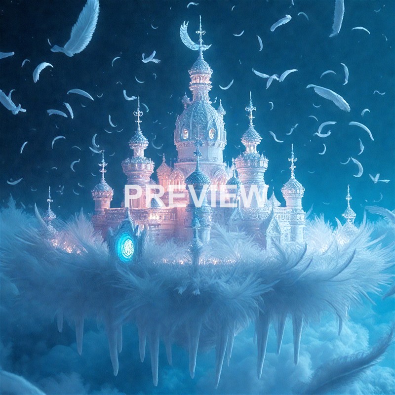 A fantastical, glowing castle with multiple spires and domes, floating on a bed of clouds amidst a sky filled with flying feathers and birds, illuminated with a soft pink and blue light.