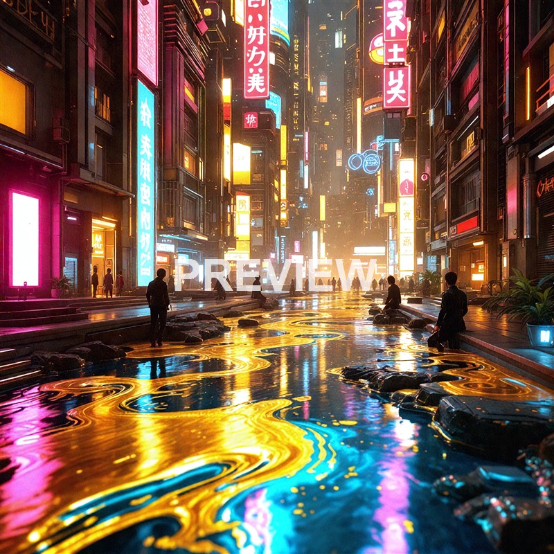 A vibrant city street scene at night with tall buildings illuminated by numerous colorful neon signs, reflections on a water surface, and people walking along the sidewalks.