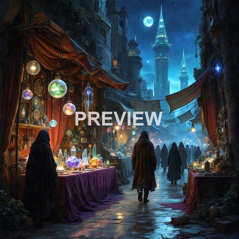 A nighttime scene of a bustling market street lined with stalls selling glowing crystals and artifacts, with tall, illuminated towers and a full moon in the sky overhead.