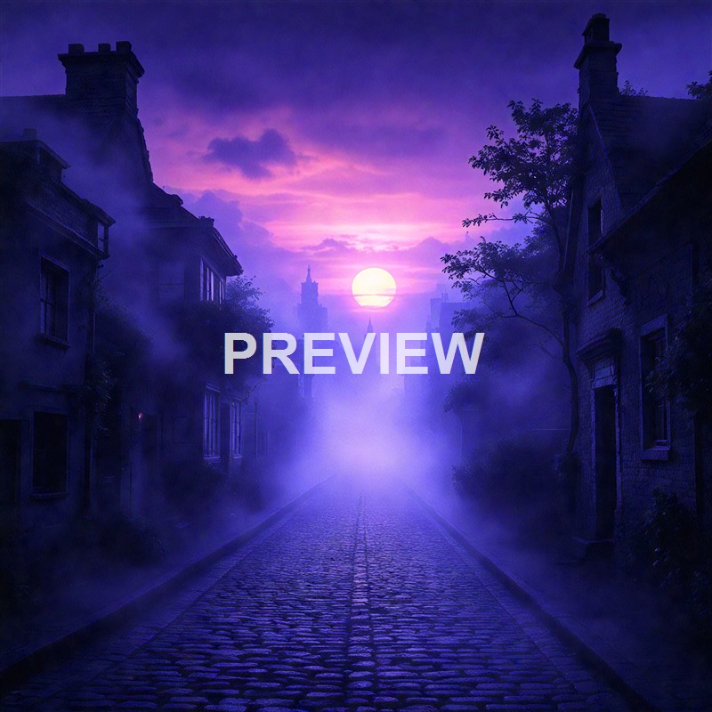 A foggy cobblestone street in an old city under a purple sunset or moonlit sky, with buildings and trees lining the street and a distant tower in the background.