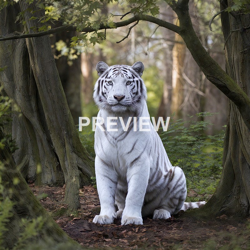 A white tiger with black stripes sitting on the forest floor amidst trees and green foliage, gazing directly at the camera.