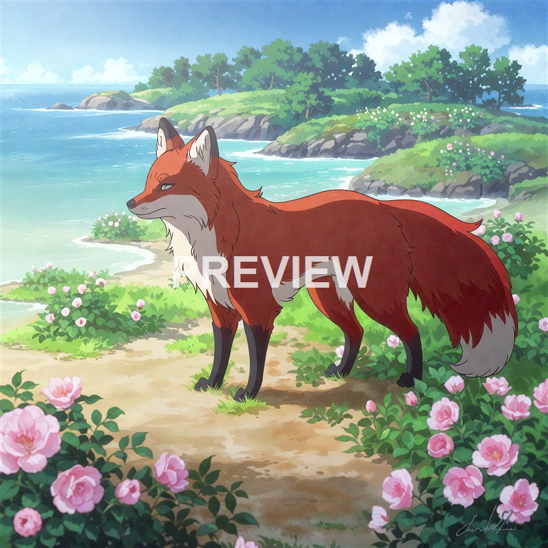 An animated fox standing on a sandy path near the coast, surrounded by pink flowers, with the ocean, rocks, and a green, tree-covered shoreline in the background under a partly cloudy sky.
