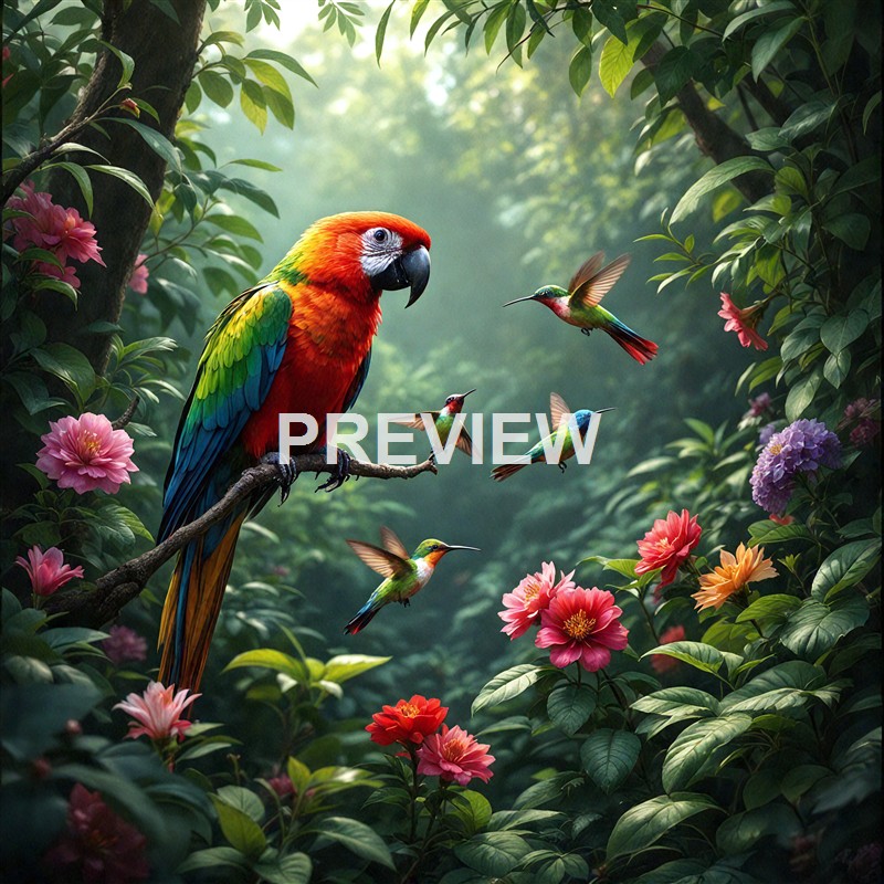 A vibrant scene of a large, colorful parrot perched on a branch surrounded by blooming flowers, with four hummingbirds flying nearby in a lush, green forest.